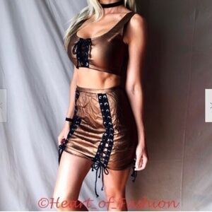 SEXY Lace Up Crop Top High Waisted Mini Skirt Set Party Clubwear Dress Metallic